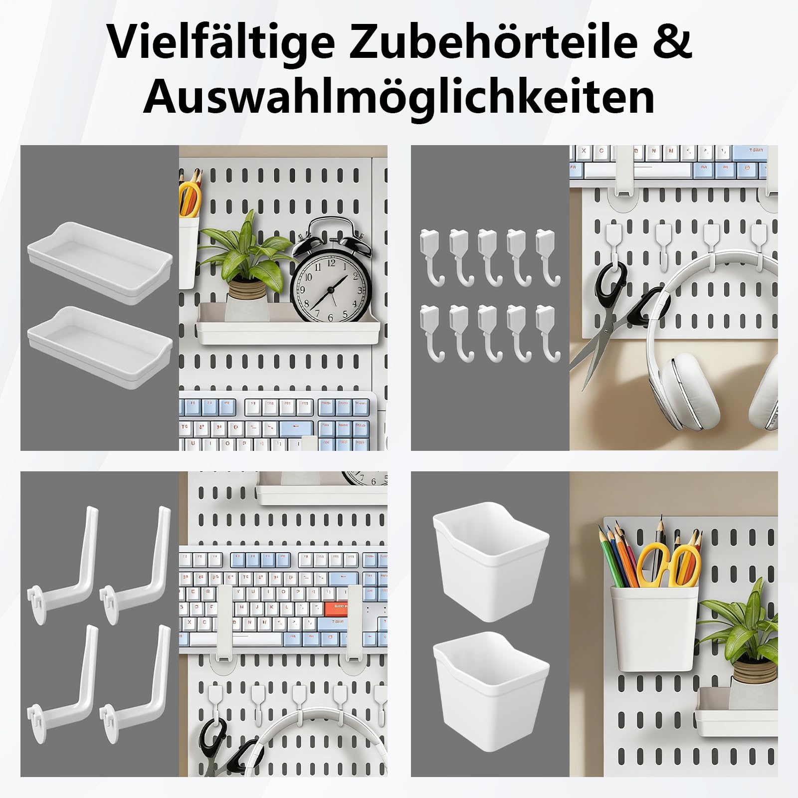 Stecktafel Wand Organizer 30 x 30 cm 4er Pack, Stecktafel-Kombinationsset mit 23 Zubehör, Einfache Installation, Lochplatte für Zuhause, Büro, Garage, Bastelraum