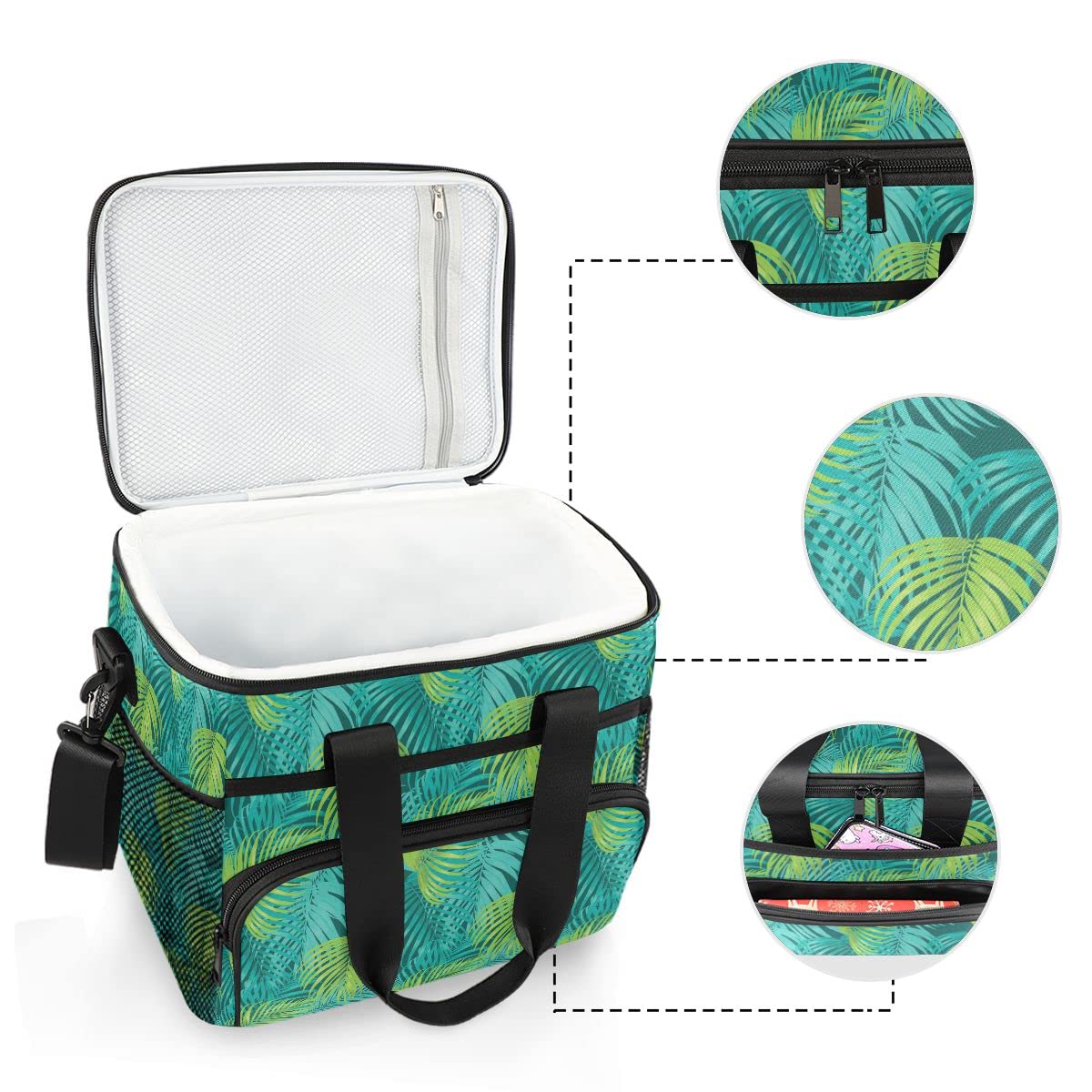 Bolsa de picnic de 15 L, 24 latas, bolsa de almuerzo aislada con hoja de palma, bolsas para viajes, camping, barbacoa, actividades al aire libre, asas, correa para el hombro