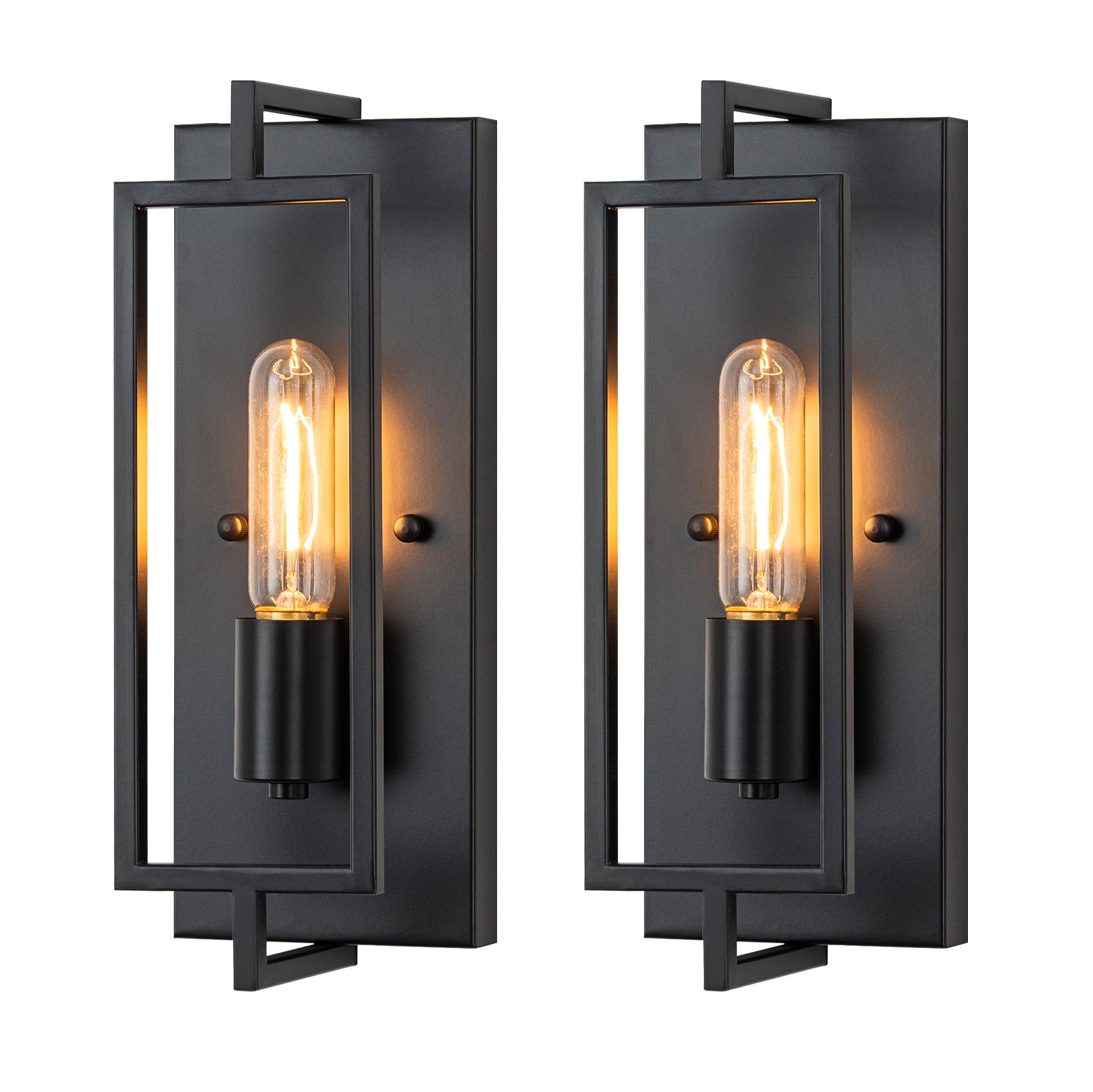 FTL 2 Pack Black Wall Lights, Indoor Metal Frame Wall Light Industrial, E27 Wall Sconce Lights for Bedroom Living Room, Wall Lamps Vintage, Interior Lighting Fixture for Kitchen Hallway