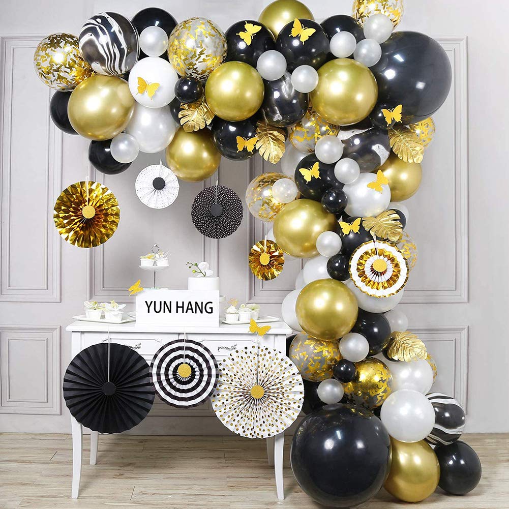 Kit de guirnalda de globos azul marino y dorado, 114 piezas de 8 abanicos de papel, borla dorada, globos de confeti gigantes, globos dorados 4D, para decoraciones de fiesta de oro azul marino