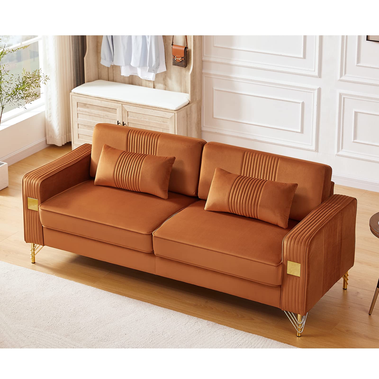 KIVENJAJA79”W Velvet Small Sofa Couch, Modern Oversized Loveseat with 2 Matching Pillows, Square Arms & Gold Metal Legs for Living Room, Office, Apartment, Small Space, Caramel