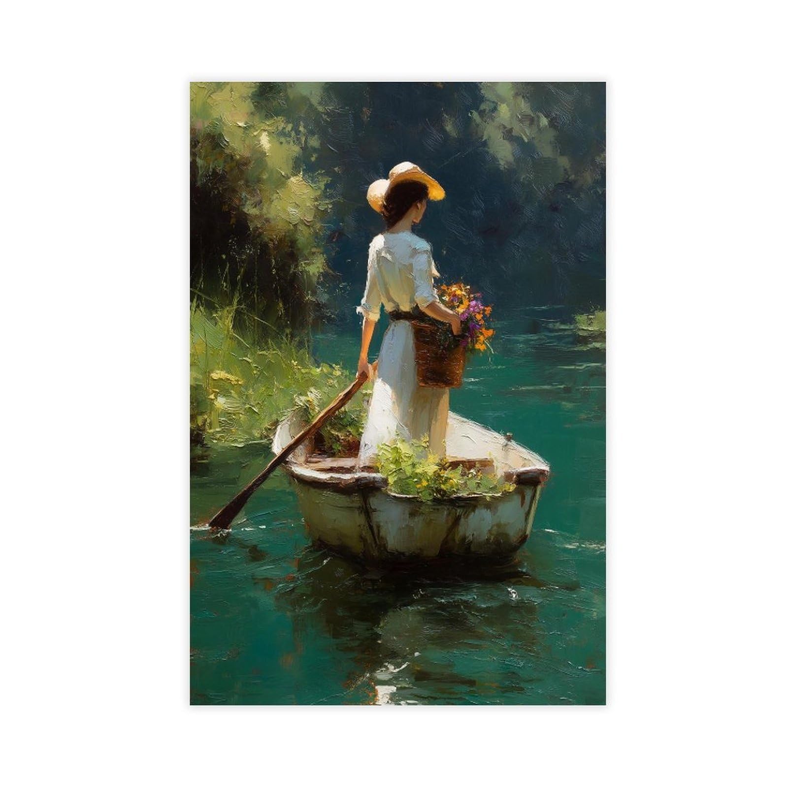 Bareronor Off-White Cottagecore Woman In Boat Canvas Poster Bedroom Decor Landscape Office Room Decor Gift 24" L X 36" W