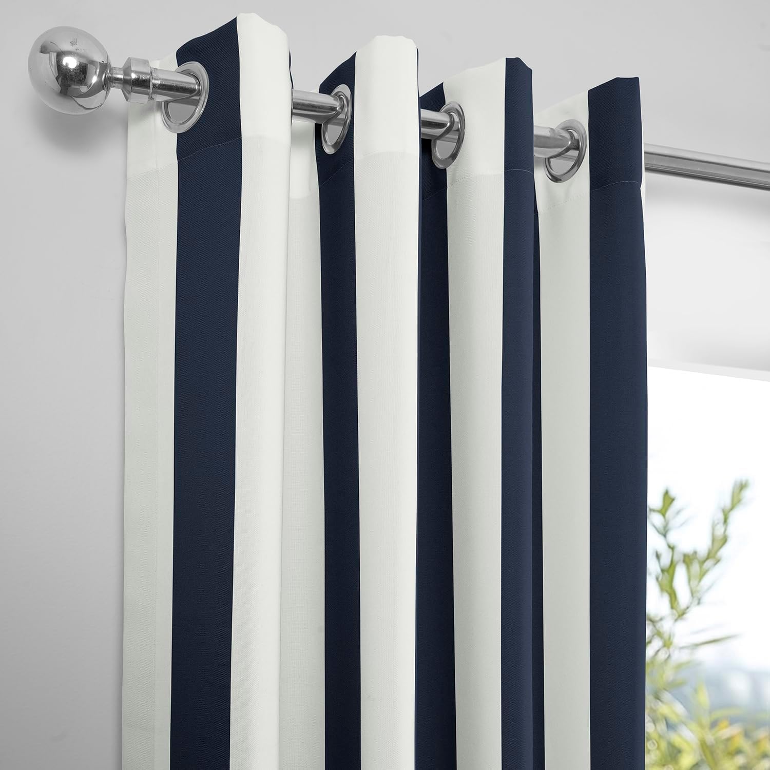 HPD Half Price Drapes Villanova Striped Grommet Outdoor Curtains for Patio (1 Panel) - UV & Water Resistant Light Filtering 200 GSM Polyester Curtains - 50W x 84L, Nautical Navy Blue Stripe