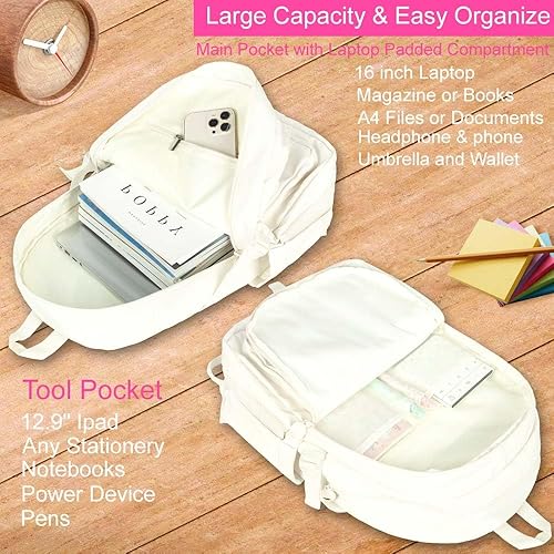 Vista 3 de KLFVB Mochila de 3 piezas para niñas, bonita bolsa de libros estética de 15.6 pulgadas, resistente al agua, bolsa escolar universitaria