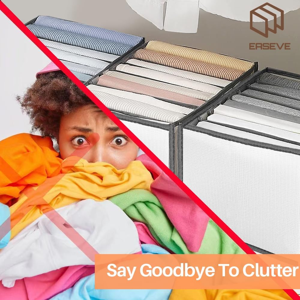 6 Pack Wardrobe Closet Organizer and Storage for Clothes - 7 Grids Foldable Drawer Dividers Organizers for Jeans | Pants | Shirts | Leggings, Stackable Clothing Bins for Closets Organization