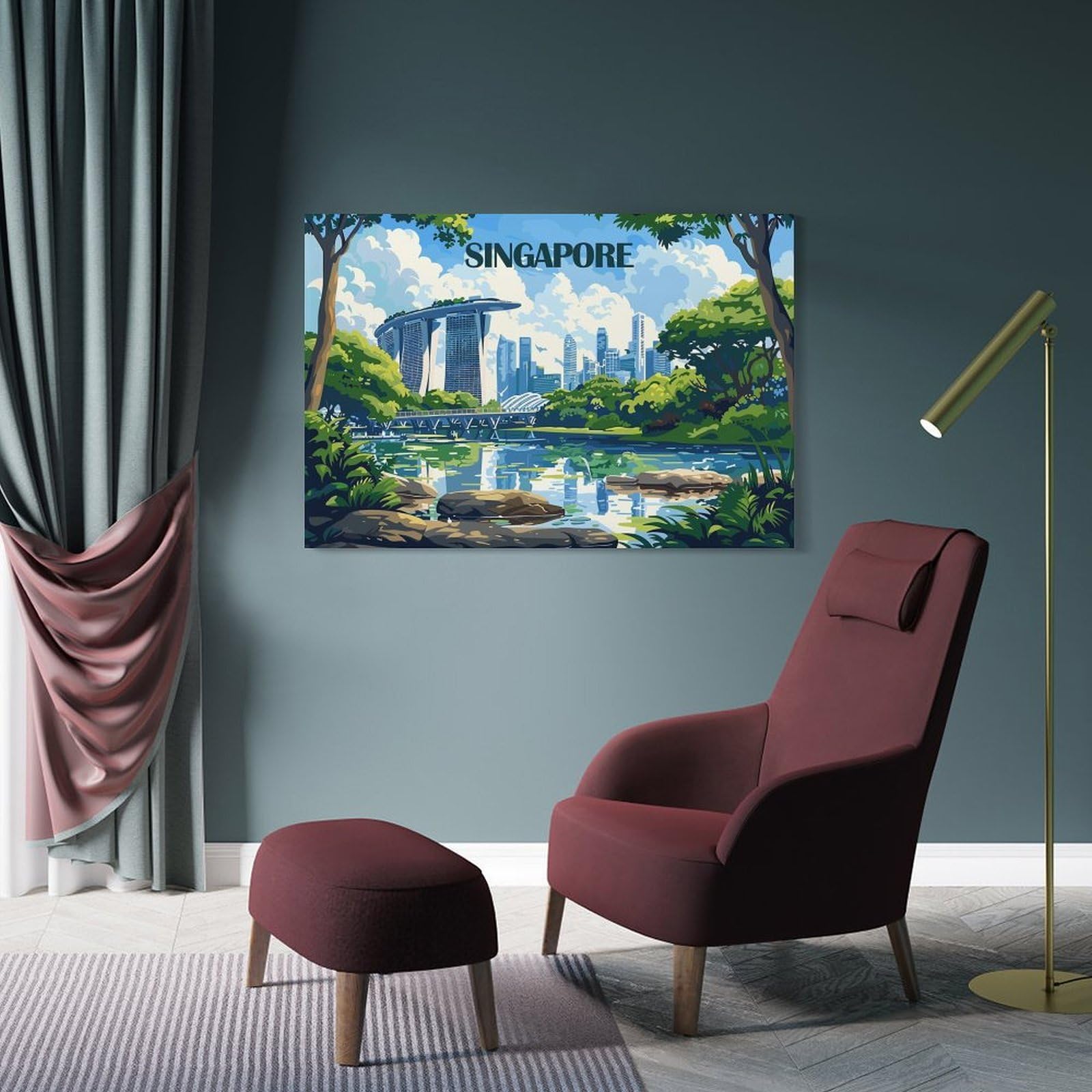Junmoney Frame-Style-3 Canvas Wall Art Singapore Skyline With Gardens, 16X24inch(40X60cm), For Lounge Decor, Bedroom Walls Or Flats, Eye Catching Artwork For Blank Walls