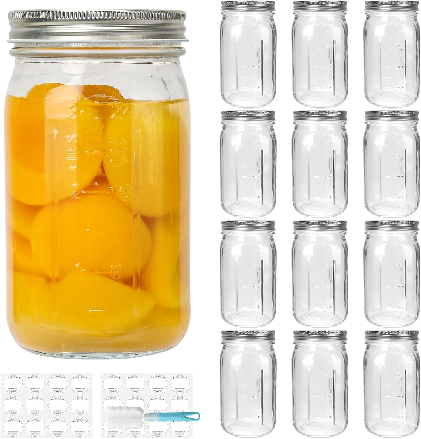 DHSBTLS 32 oz Glass Mason Jars, 12 Pack Wide Mouth Glass Canning Jars with Silver Aluminum Lids and Bands, Airtight Jars for Food Storage, Canning, Overnight Oats, Fermenting, Pickling, Decor