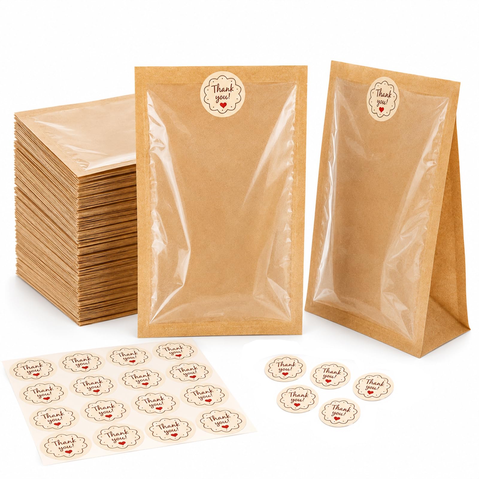 100pcs Sweet Bags with Seal, 7.1"x7.5" (18x19cm) Wax Cookie Bags with Window, Kraft Paper Heat Sealable Bakery Bags for Treat Cake Biscuit Sandwich Snacks Packaging for Valentine's Day & Mother's Day
