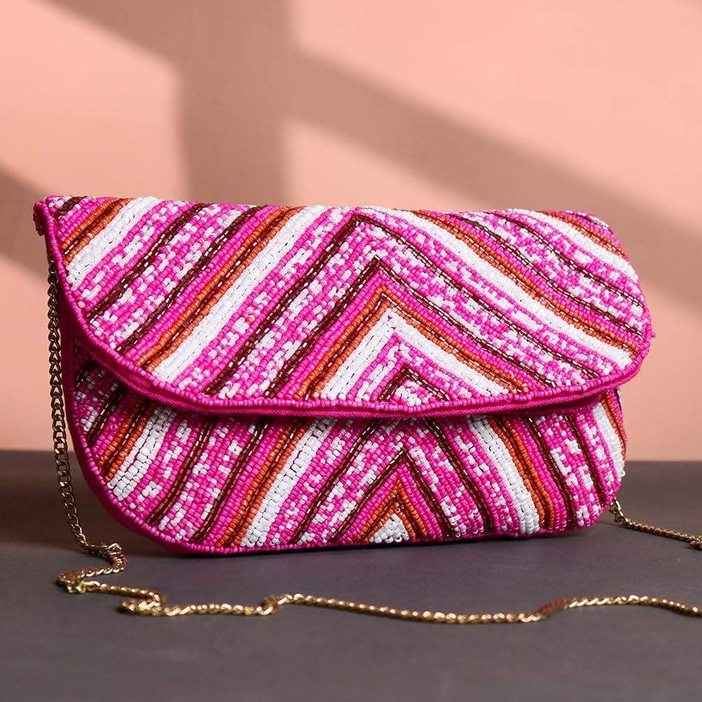 Indian Shelf Pink Cotton and Beads Embroidered Beaded Sling Bags for Women | Luxury Party Handbags | Handmade Boho Ethnic Clutches | Stylish Girls Handbag | Artisan Decorative Cotton Purse