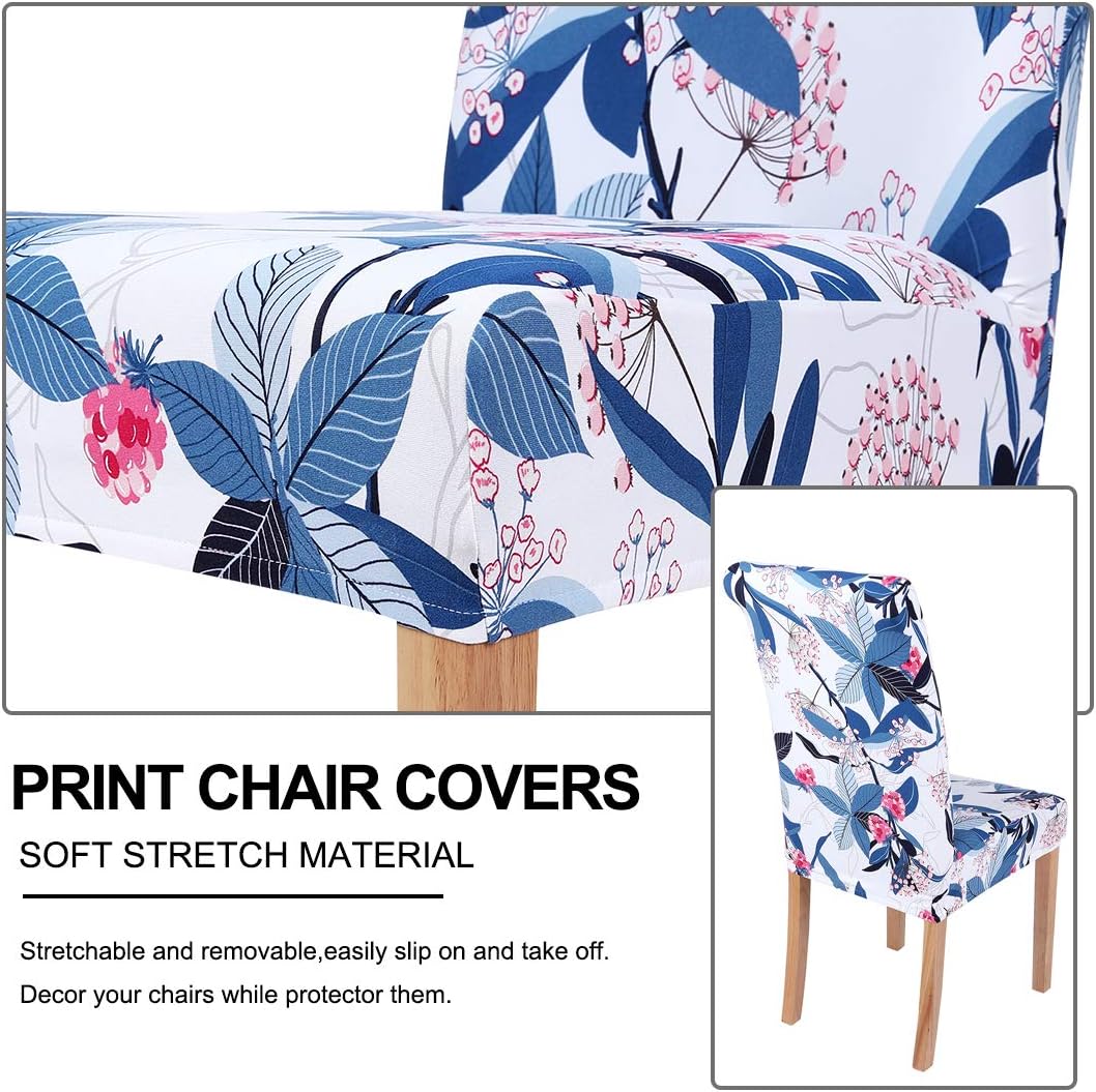 smiry 2 Pack Printed Dining Chair Covers, Stretch Spandex Removable Washable Dining Chair Protector Slipcovers for Home, Kitchen, Party, Restaurant (Blue with White)