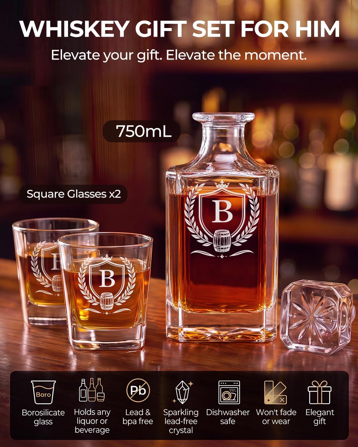 Birthday Gifts For Men Whiskey Decanter Set With 2 Glasses 25OZ Non-Lead (whiskey decanter set B)