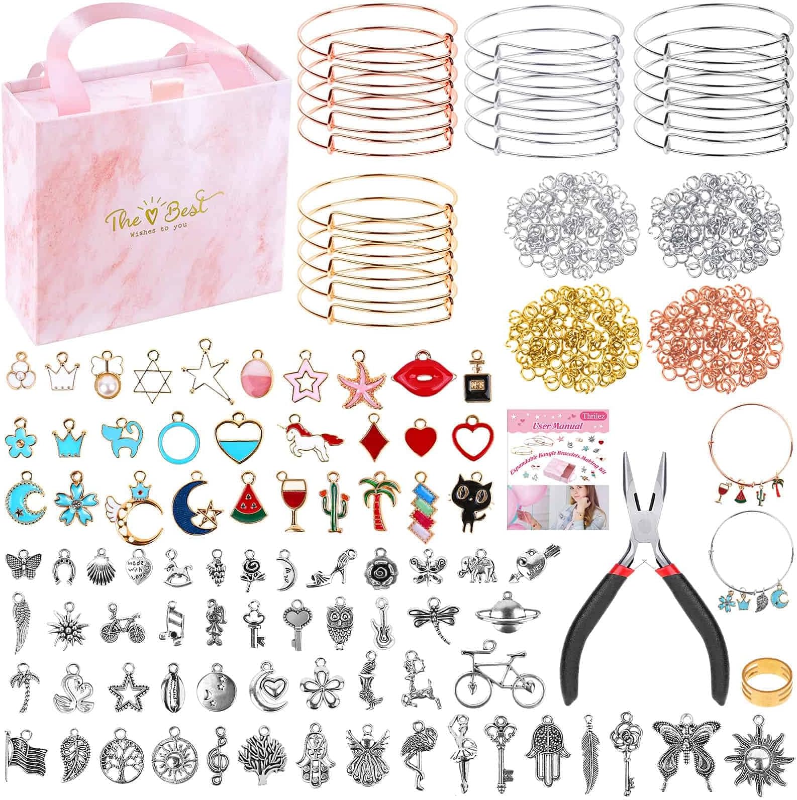 Thrilez 300Pcs Bangle Bracelets Making Kit, Charm Bracelet Making Kit with Expandable Bangles, Charms, Jump Rings and Pliers for Jewelry Making Bangle Bracelets (with Gift Box and Tools)
