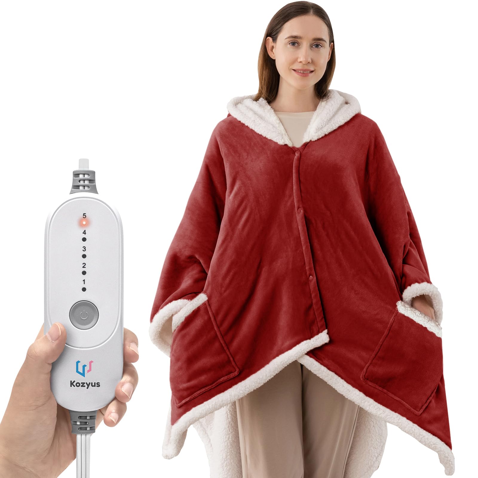 Kozyus Wearable Heated Throw Blanket, Heated Shawl Electric Wrap Poncho with Hood & Pockets for Women & Men, 5 Heat Settings, 3H Auto-Off, Machine Washable, ETL Certified, Gift-Ready, 56x63, Red