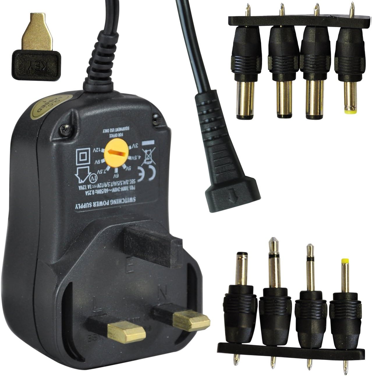 DTL by SXEY Electronics LtdUniversal Regulated Power Supply 1.0A, 3V-12V, 1000mA, 8 DC Jacks, Black, Type G Plug, Worldwide Voltage, AC/DC 50/60Hz