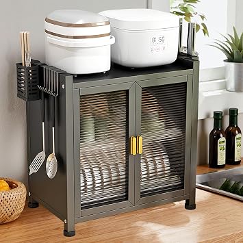 LONENESSL Kitchen Countertop Dish Storage Cabinet with Drawers, Multifunctional Bowls Drying Rack Cabinet, Dish Cabinet with Clear Door, Counter Cups Strainer Holder, Blacck second layer