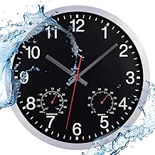 Outdoor Waterproof Wall Clock with Thermometer and Hygrometer Display Wall Clock Without Ticking Noise Silent 30 cm Quartz Battery Operated Large Decorative Garden Wall Clock (Black)