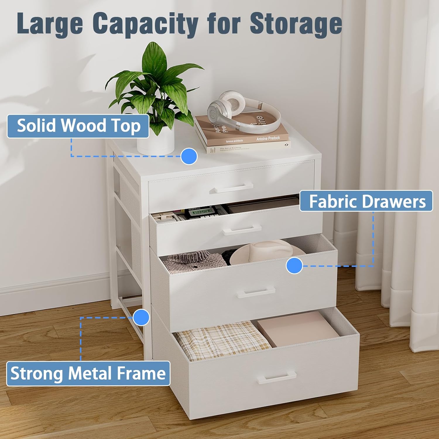 Closet Drawers with 4 Fabric Drawers, Closet Organizer Dresser for Closet Storage, Stackable Storage Drawers for Bedroom Office Dorm (White)