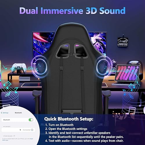 Miniatura 3 de Mr IRONSTONE Silla de videojuegos, silla de videojuegos con altavoces Bluetooth y luces LED, silla de oficina con masaje y reposabrazos 3D, silla de