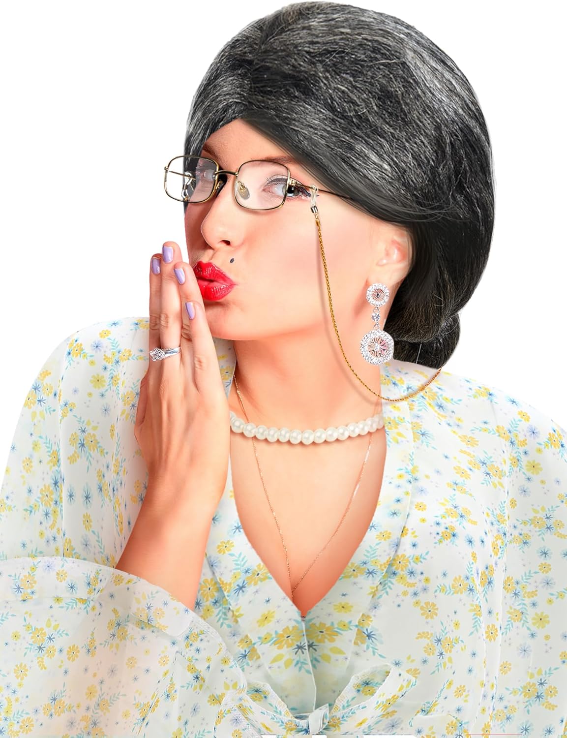 15 Pcs Halloween Old Lady Costume Set Granny Outfit Accessories Include Granny Shawl Cane Grandma Wig Glasses with Chain Artificial Pearl Necklace for Women Halloween School Cosplay Party