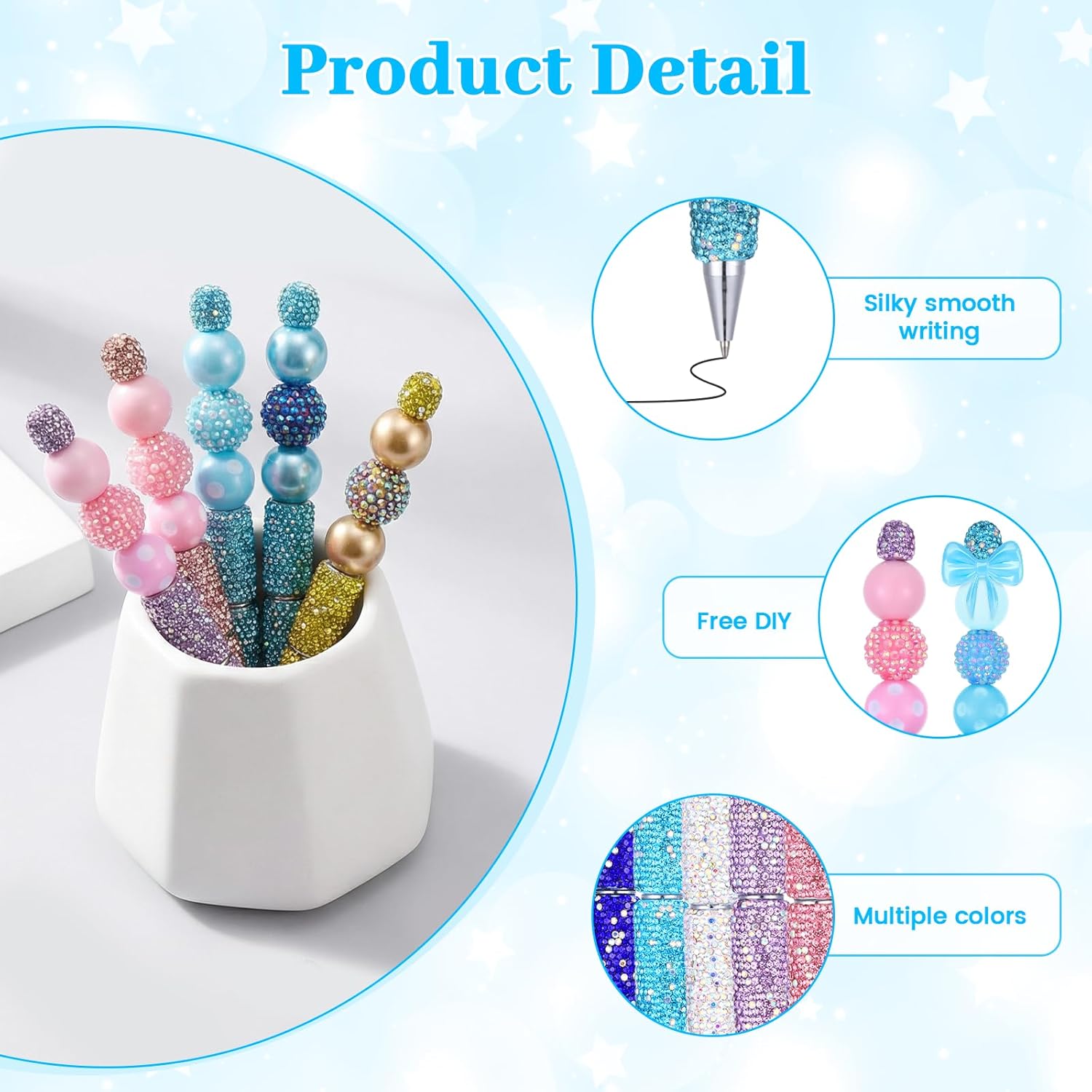 12 Pcs Beadable Pens Glitter Beadable Pens Bulk, Full Rhinestone Diamond Beaded Pen Kit, Bling Ballpoint Pen for DIY Craft Making Journaling, Office School Supplies, Women Girls Gifts