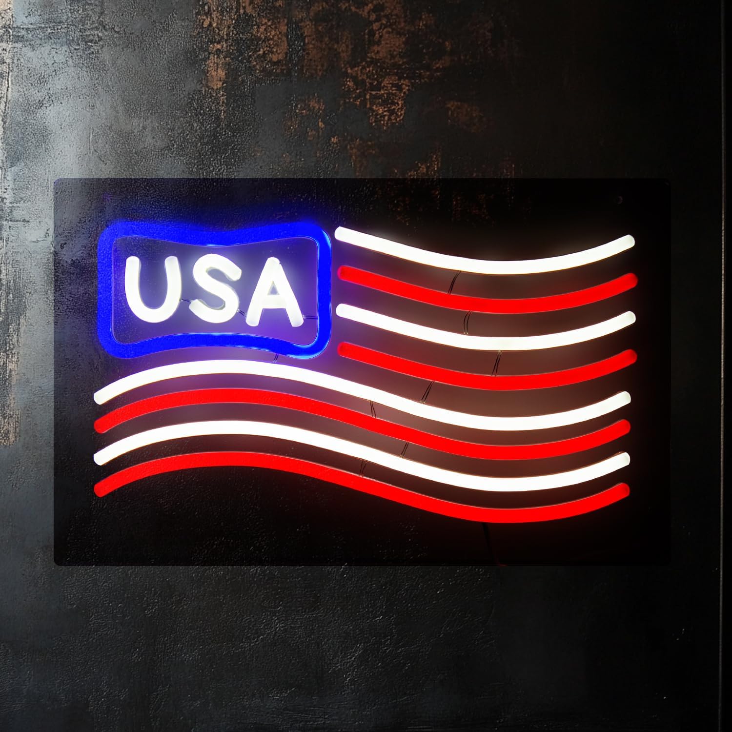 LED Neon American Flag with Chain & Hooks, 5V USB Powered, 5-Level Brightness Adjustable - Patriotic Wall Art, Home Decor, Gift Idea (16x10 inch)