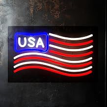 LED Neon American Flag, USB Dimmable Light with Mounting Hooks 16x10 inch | USB 5V powered with 5 brightness levels, patriotic wall decor, includes chain & hooks for Independence Day and holiday gifts