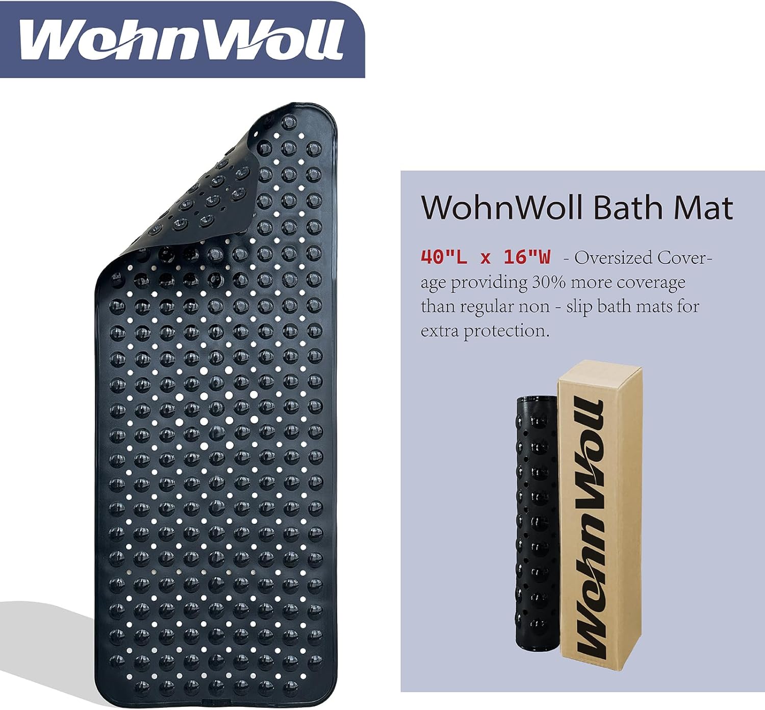 Non-Slip Bath Tub Mat, Extra Large 40x16 Inch Shower Mat with Suction Cups & Drain Holes, Quick Dry Soft Mat for Bathroom Floor Safety, Bubble Style, Black