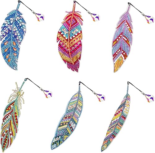 Miniatura 6 de Marcapáginas de pintura de diamantes de pluma, prefdo 6 piezas DIY 5D Diamond Drawing Marcapáginas Pintura de diamantes Principiantes Artesanías