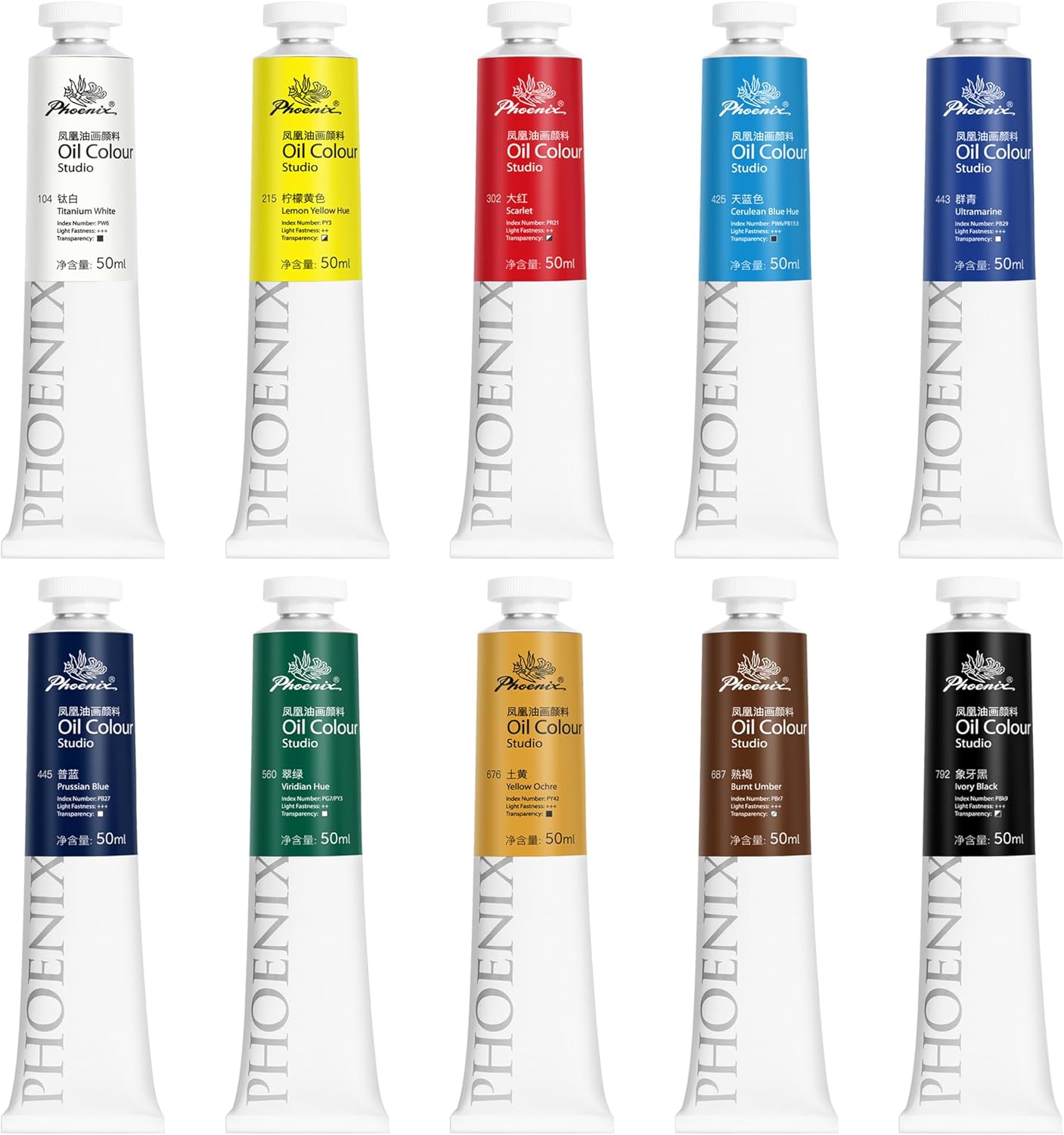 PHOENIX Studio Oil Paint Set - 10 Colors x 50ml / 1.69 Fl oz. - Professional Oil Based Art Paints for Painting