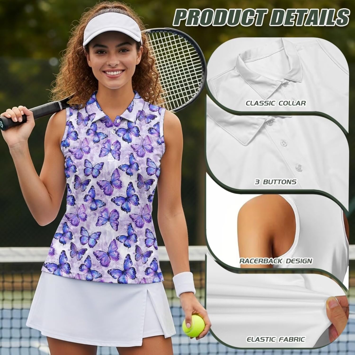 Women's Golf Summer Sets, Quick Dry Sleeveless Golf V-Neck Polo Shirt with Visor Hat 2Pcs Set for Ladies