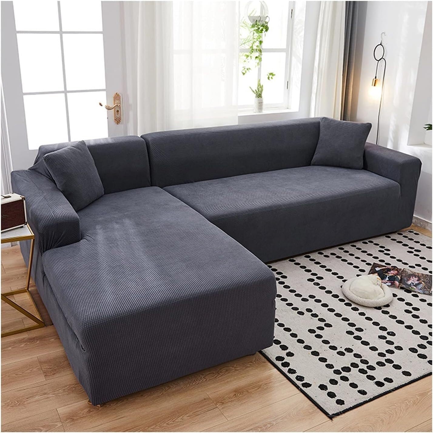 JvFbjLF Stretchable Sofa Cover In Solid Colour Check Pattern Decorative Fabric Easy To Fit