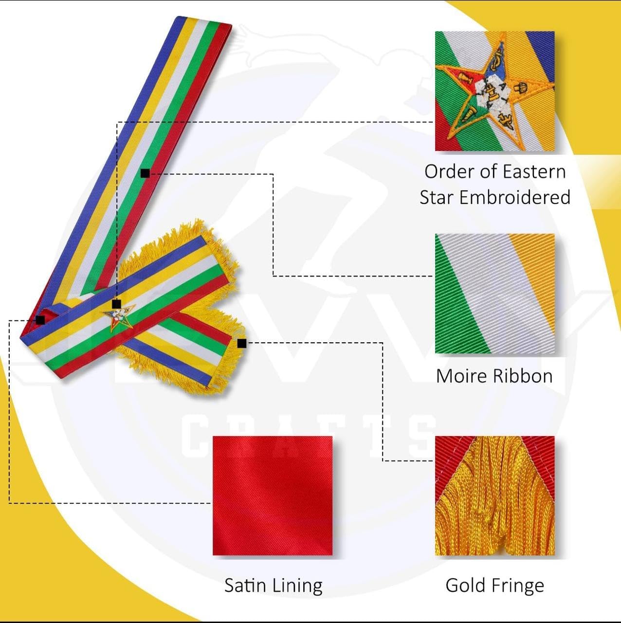 Premium OES Sash - Masonic Order of the Eastern Star (Five Colors) with Complimentary Cotton Gloves