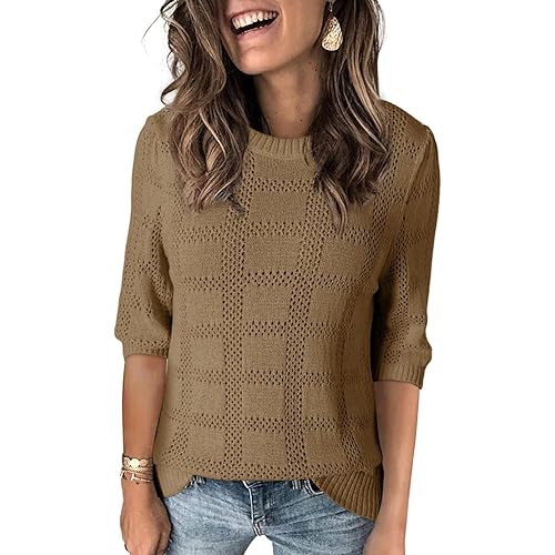 Dokotoo Women's Casual Short Sleeve Loose Tunic Tops Lightweight Crochet Knit Summer Sweaters Blouses
