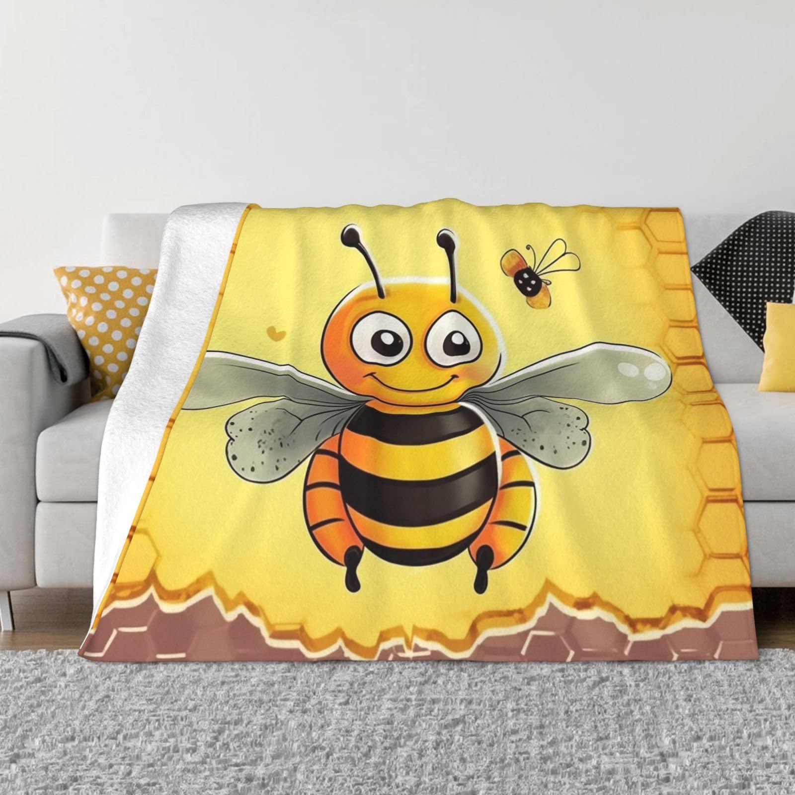 KLOPH Bee on the Square Throw Blanket 60"x50" Flannel Fluffy Warm Blanket for Couch, Reversible Plush Blankets for Bed, Comfy Fuzzy Blanket for Sofa, Plush Lightweight-Blankets for All Season