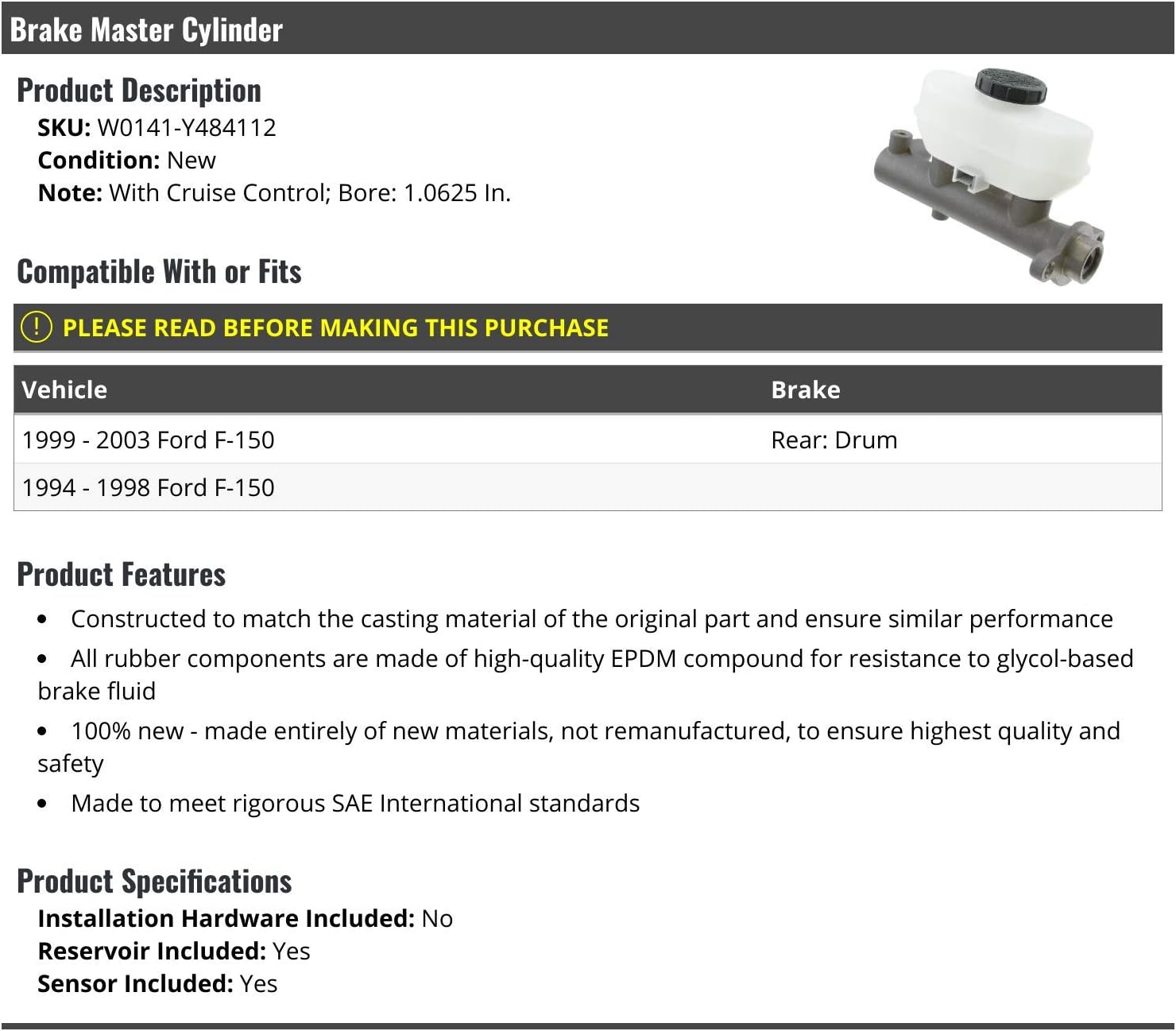 Brake Master Cylinder - Compatible with 1994-2003 Ford F150 (with Cruise Control)