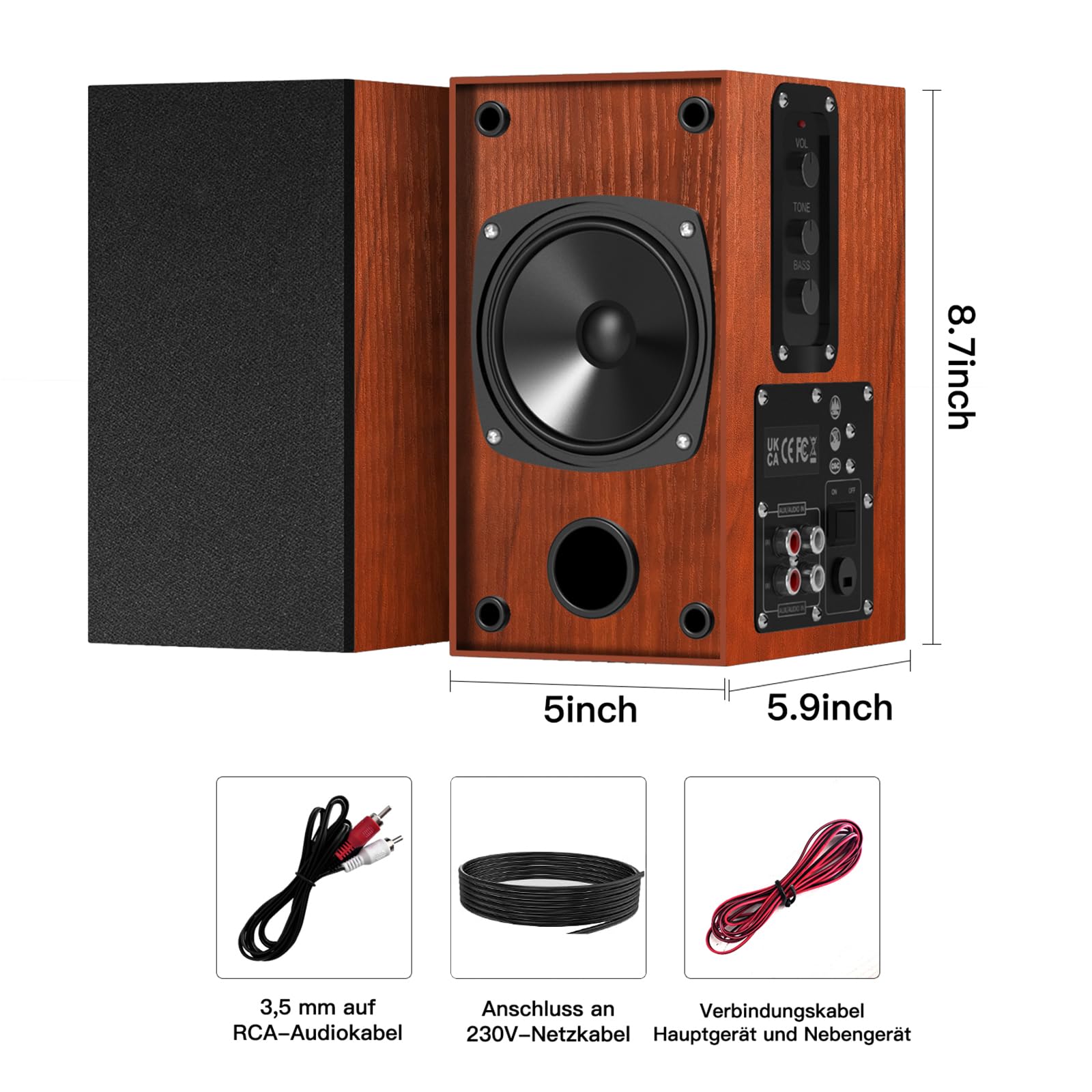 Elimavi Altoparlante attivo per scaffale, altoparlante per computer con woofer da 4", 3,5 mm a RCA Aux, per giradischi, struttura in legno, può essere montato a parete, Woodgrain