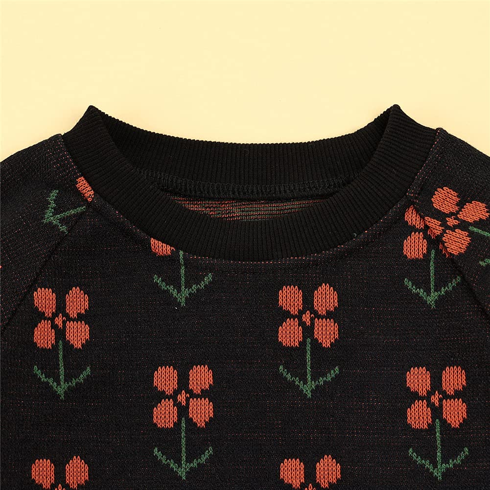 Baby Boy Girl Knit Sweater Crewneck Pullover Sweatshirt Romper Jumpsuit 90's Vintage Cute Baby Clothes Outfit (3-6 Months,Black Flower)
