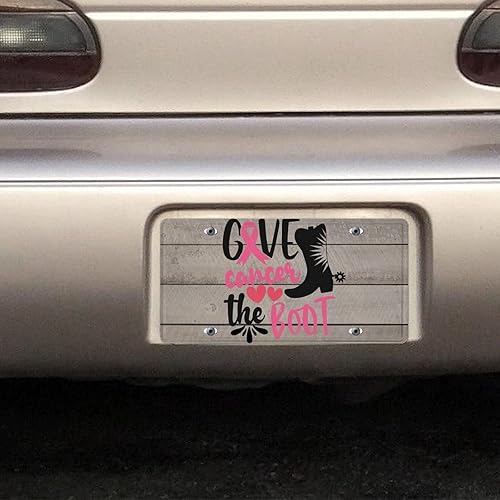 Miniatura 7 de Placa de matrícula con cinta rosa para cáncer de mama, placa frontal decorativa con 4 agujeros para el cáncer de mama, cubierta metálica de aluminio