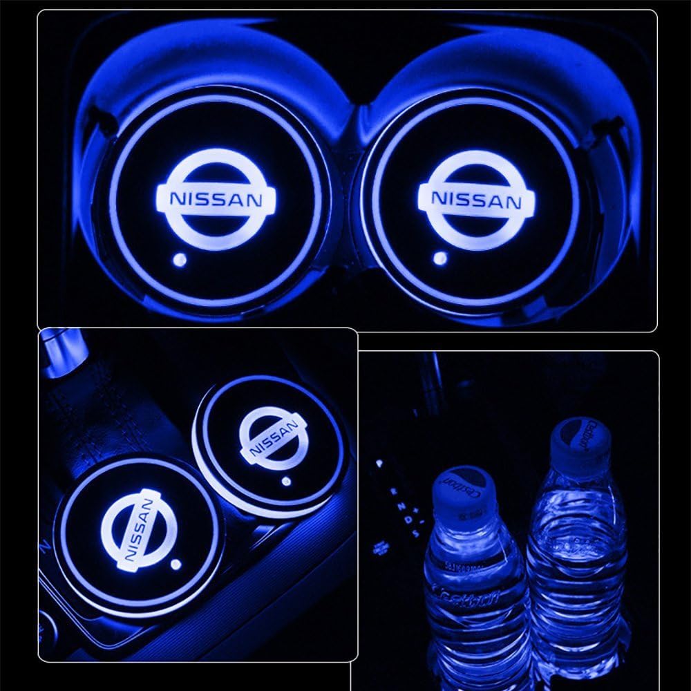 JIanna LED Car Logo Cup Holder Pad 7 Colors Changing USB Charging Mat LED Cup Mat Car Atmosphere Lamp Decoration Lights 2PCS (Nissan)