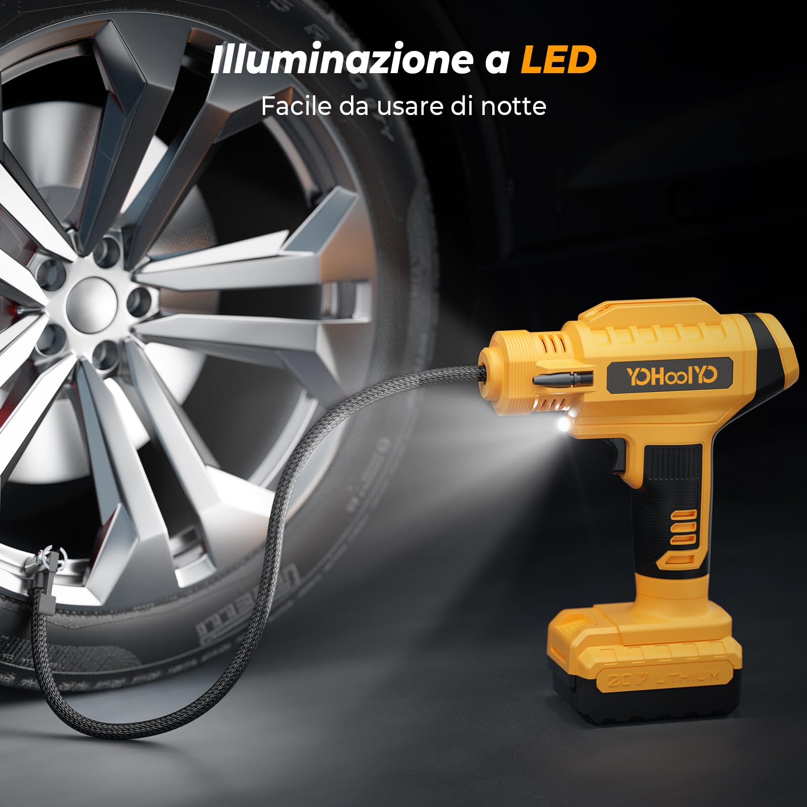 Compressore Aria Portatile YOHOOLYO 150PSI - Manometro Digitale LCD, Luci LED, Per Auto, Bici, Moto E Palloni