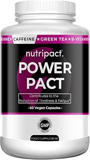 Power Pact Pre Workout Caffeine Energy Booster Complex - with B Vitamins, Vitamin C, L-Tyrosine, L-Arginine, Green Tea, Iron – for Concentration, Focus, Tiredness & Fatigue – 60 Vegan Capsules