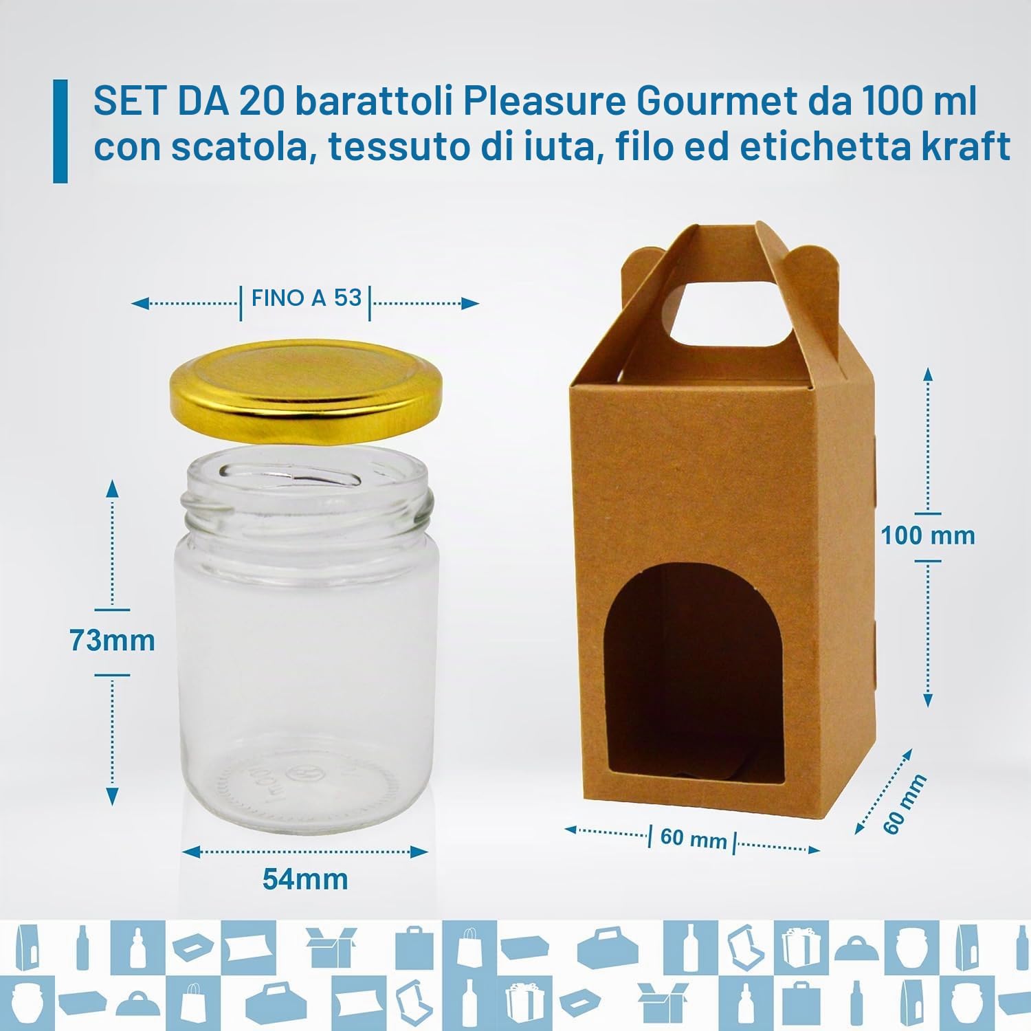 Espirito Rebelde Confezione da 20 barattoli vuoti in vetro da 100 ml con coperchio, 20 scatole, tessuto, spago di iuta e 20 etichette kraft, per marmellate, conserve, miele