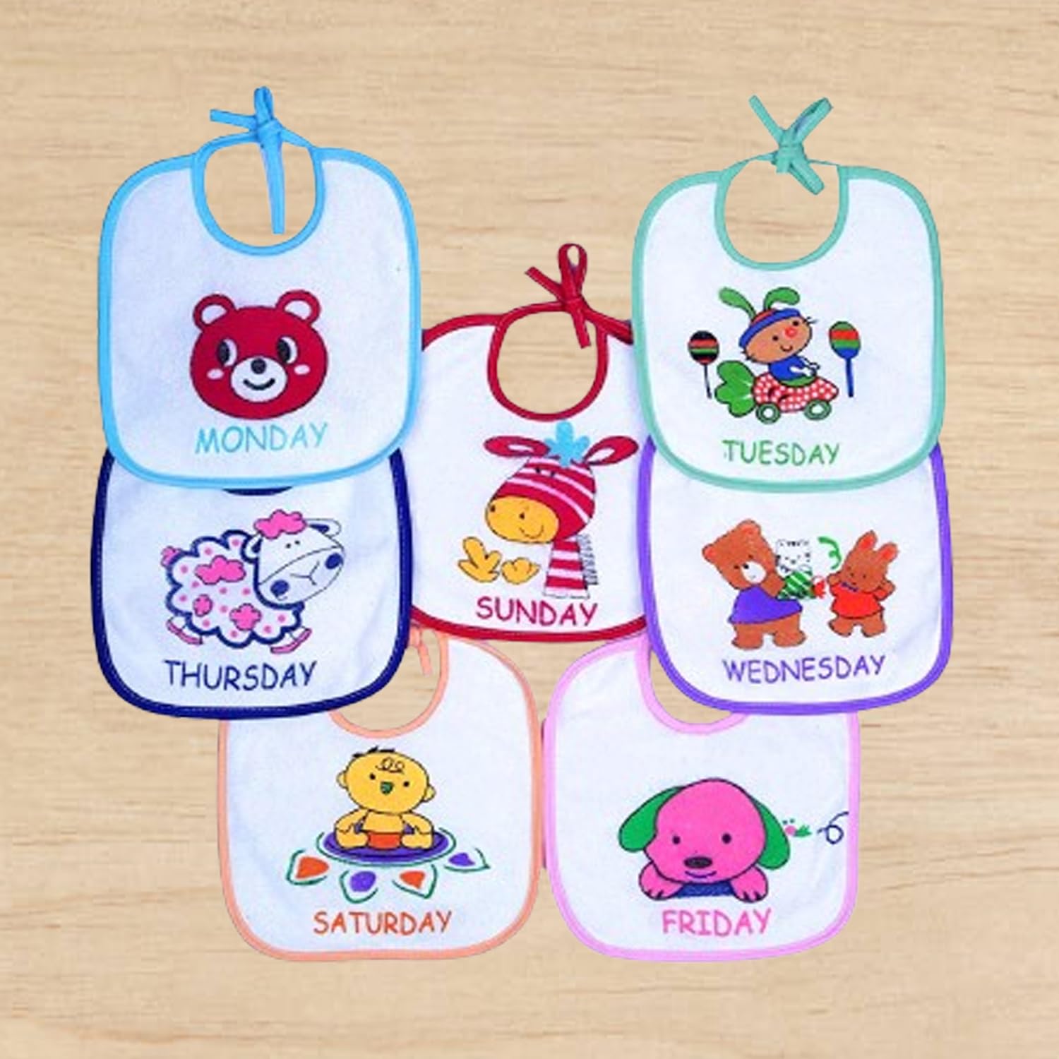 Alya Newborn Baby Cotton Waterproof Multi Color 7 Days Baby Bibs Monday to Sunday Bibs (Pack of 7) (0-2 Years)