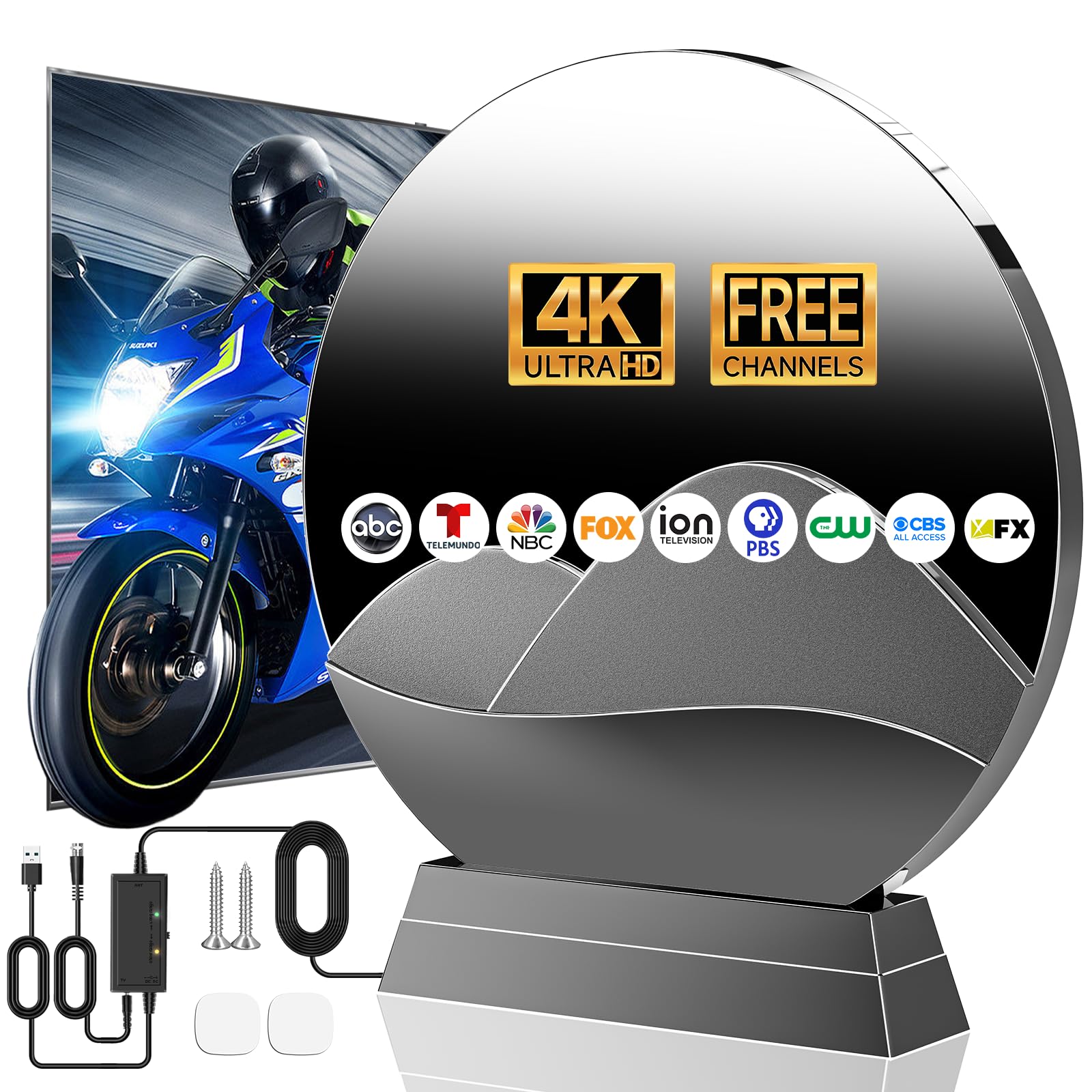 3200+ Miles Range TV Antenna, 2026 Upgrade Digital TV Antenna Indoor Outdoor with Amplifier Signal Booster Supports 360° Reception 4K 8K 1080P-38FT