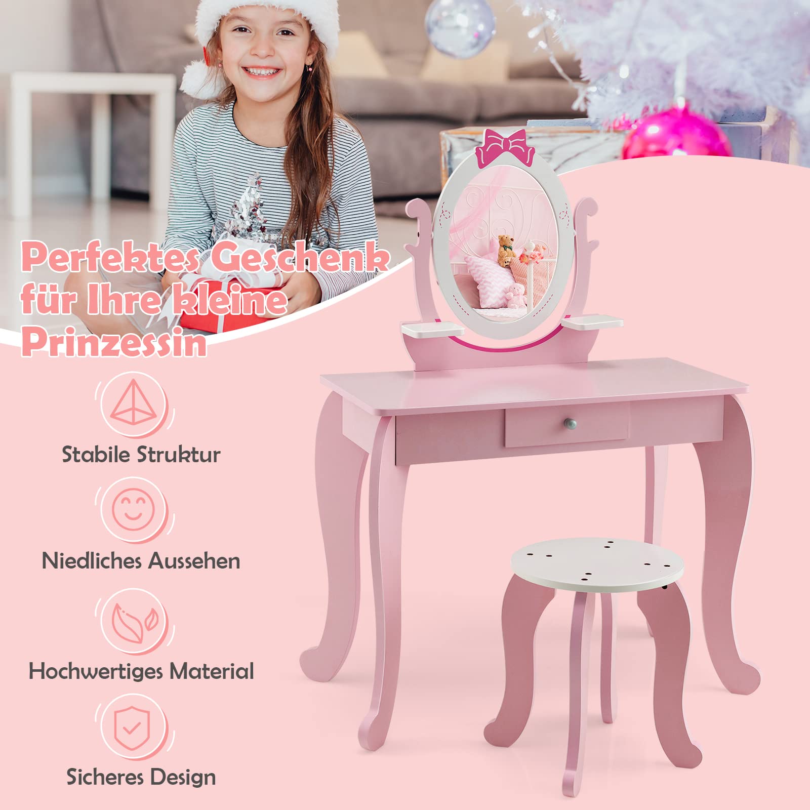 DREAMADE 2 IN 1 Kinder Schminktisch mit Hocker und abnehmbarem Spiegel, Kinderschmink aus Holz, Frisierkommode, Kosmetiktisch, Prinzessin Frisiertisch mit Schublade für Kinder Mädchen