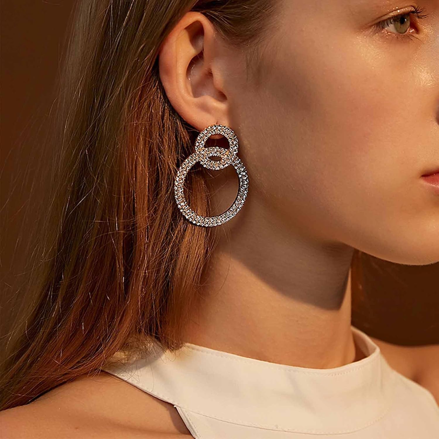 Andelaisi Boho Rhinestone Circle Drop Earrings Gold Crystal Circle Dangle Earrings Large Double Circle Hoop Earrings Bling Cz Circle Studs Earrings Jewelry for Women - Image 2