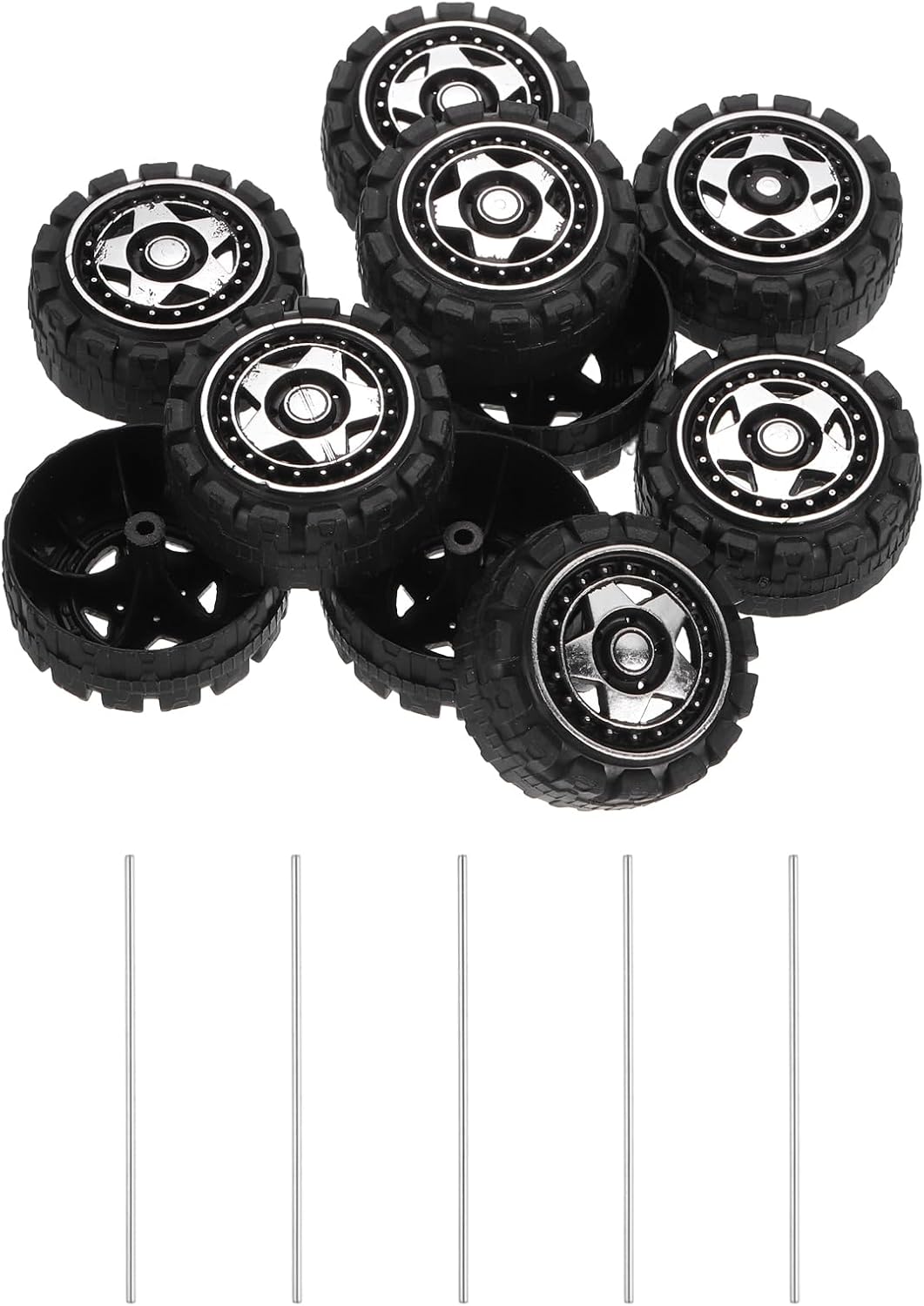 MECCANIXITY 10pcs Toy Car Tires 38mm OD, 15mm Thick, RC Model Car Wheels with 3mm OD x 100mm Long Shaft for Craft Project Hobby, Silver Grey