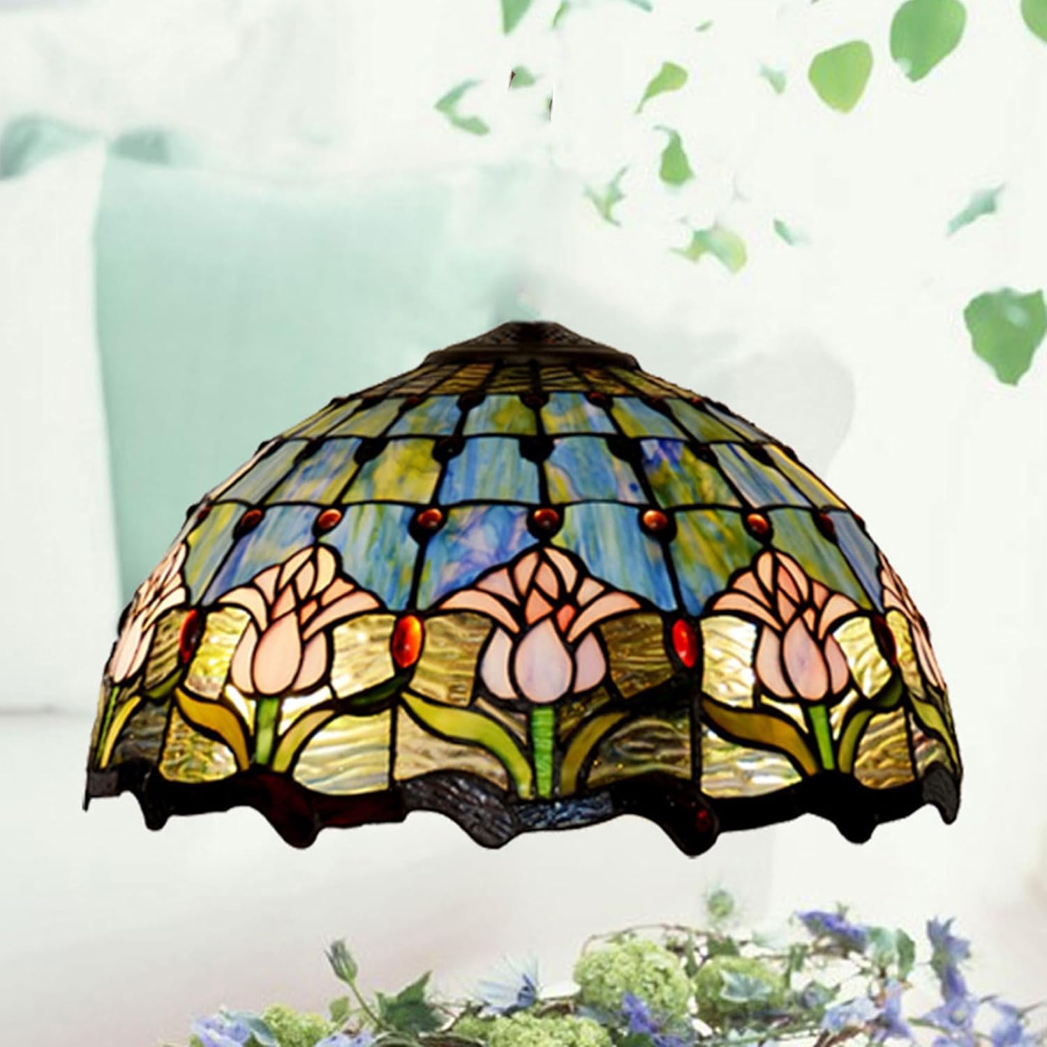 16 Inch Stained Glass Lampshades, Tiffany Tulip Pattern Glass Lamp Shade, Pink Flowers Lamp Shade Replacement Only with Cap Fit for Table Lamp Pendant Light Floor Lamp Ceiling Fixture