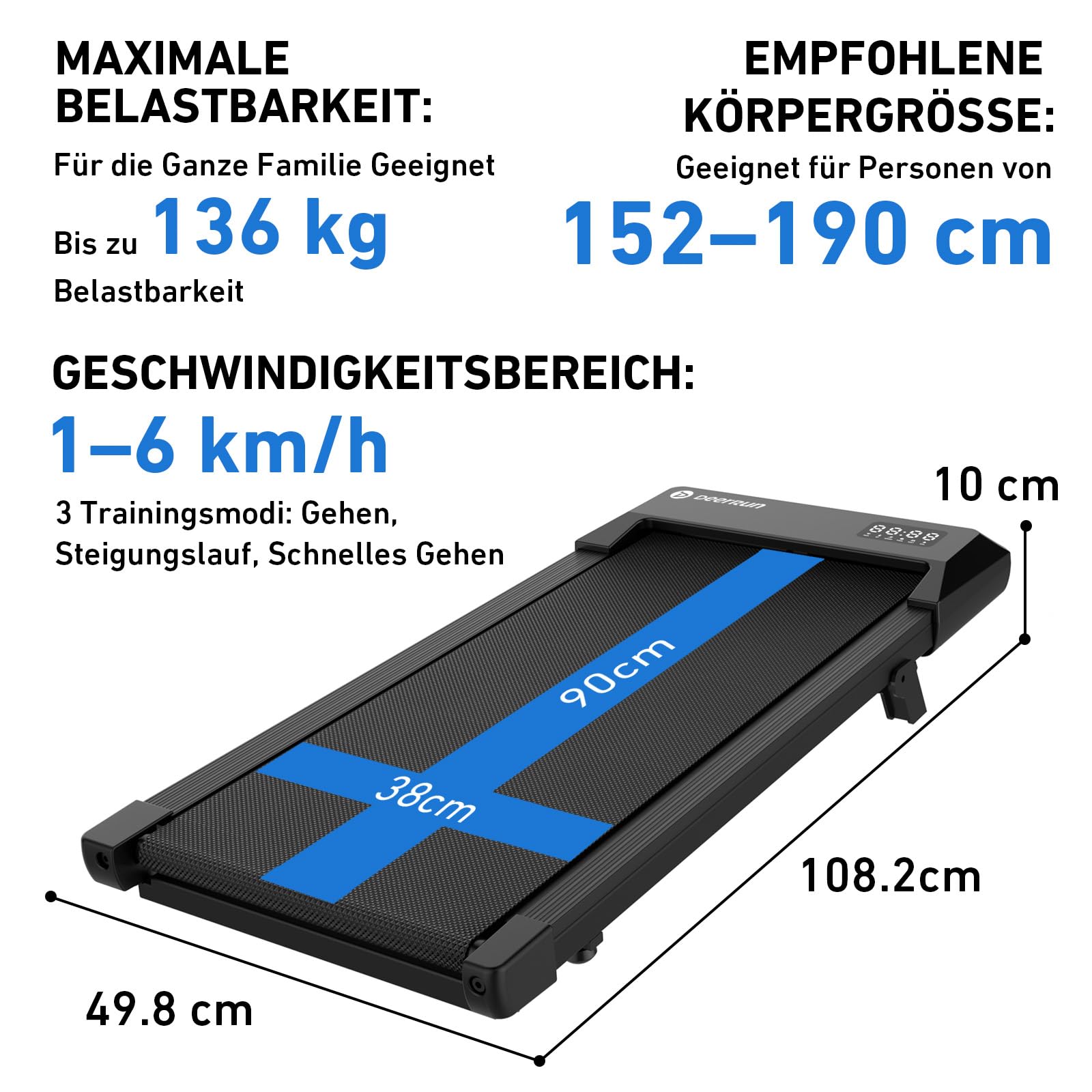 DeerRun Walking Pad mit 6% Steigung, Unter Schreibtisch Laufband für Home Office und Zuhause, Kompaktes Laufband mit App, Fernbedienung und LED-Anzeige, bis 136 kg