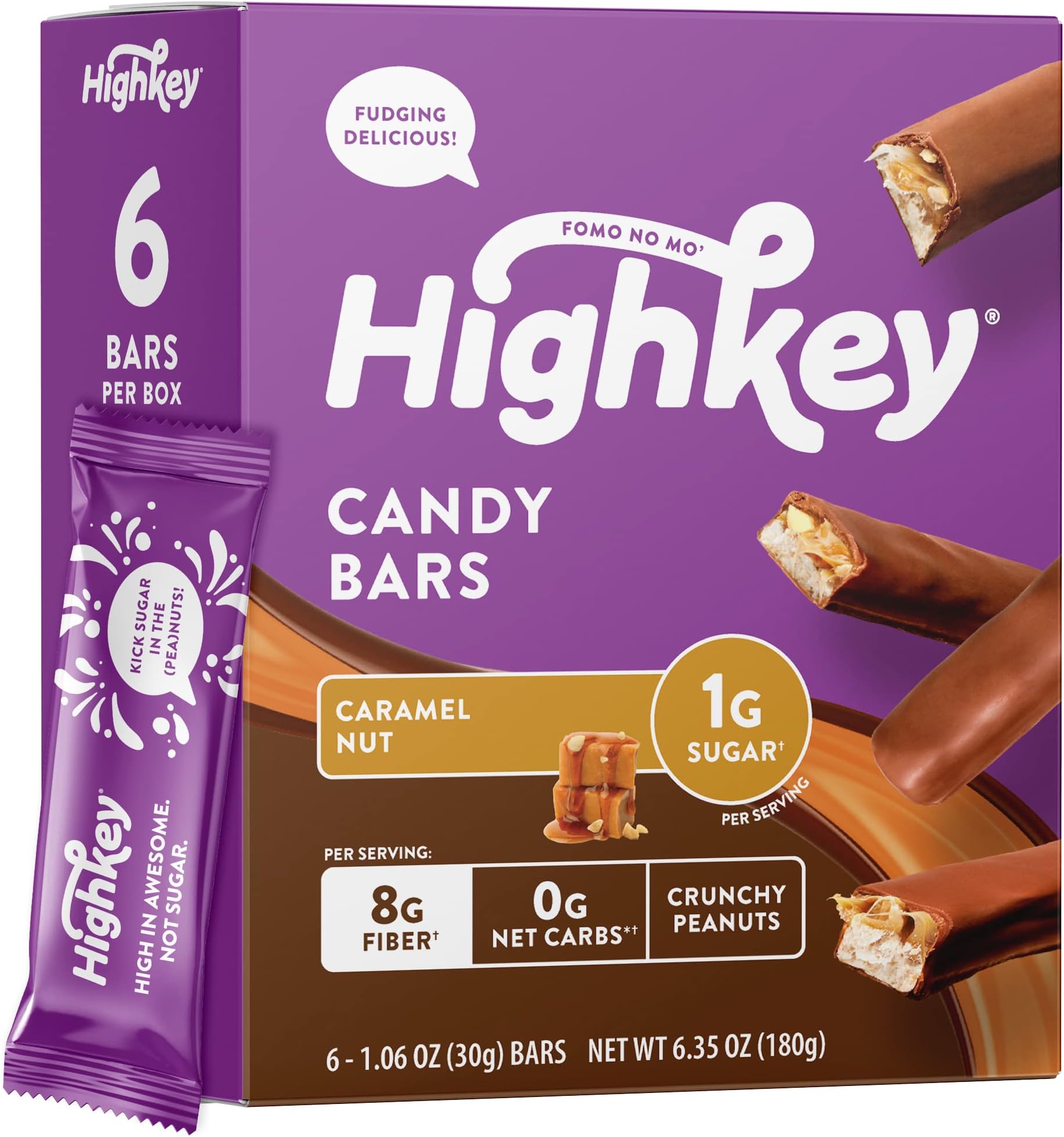 HighKey Sugar Free Chocolate Caramel Candy Bar - Keto Snacks Peanut Butter Nougat Bars Diabetic Dessert Low Carb Candies Healthy Chocolates Diet Friendly Food Adults No Sugar Added High Fiber Bars 6ct